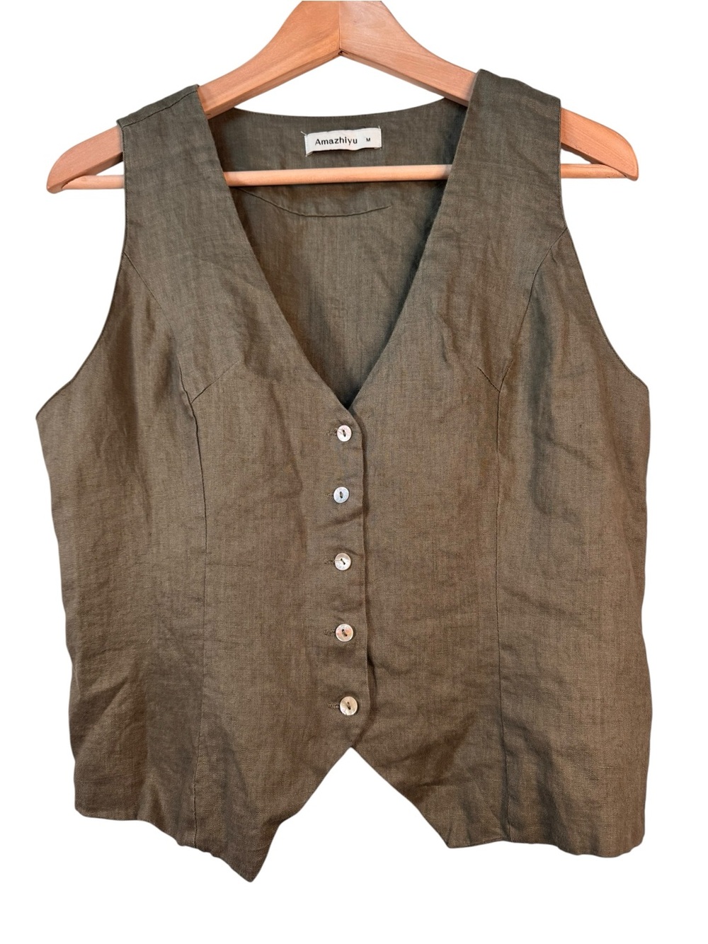 Amazhiyu 100% Linen Olive Green Button Up Vest Size Medium Waistcoat Cinch Back